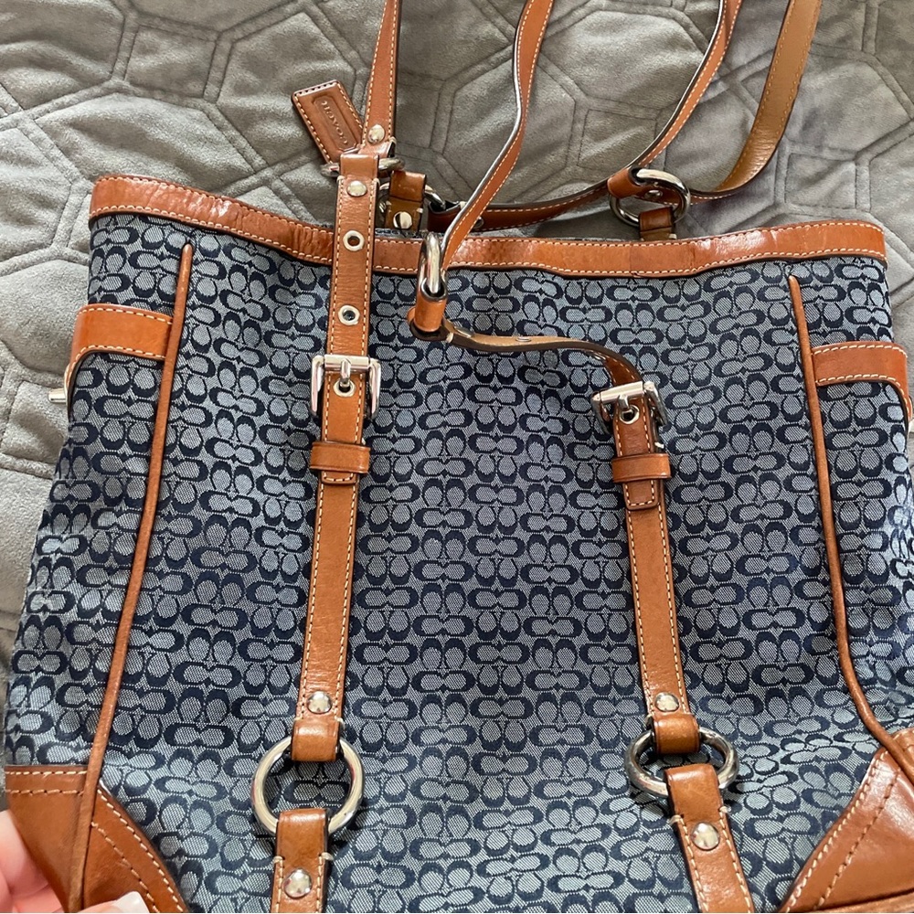 Coach blue monogram authentic bag. With brown leader